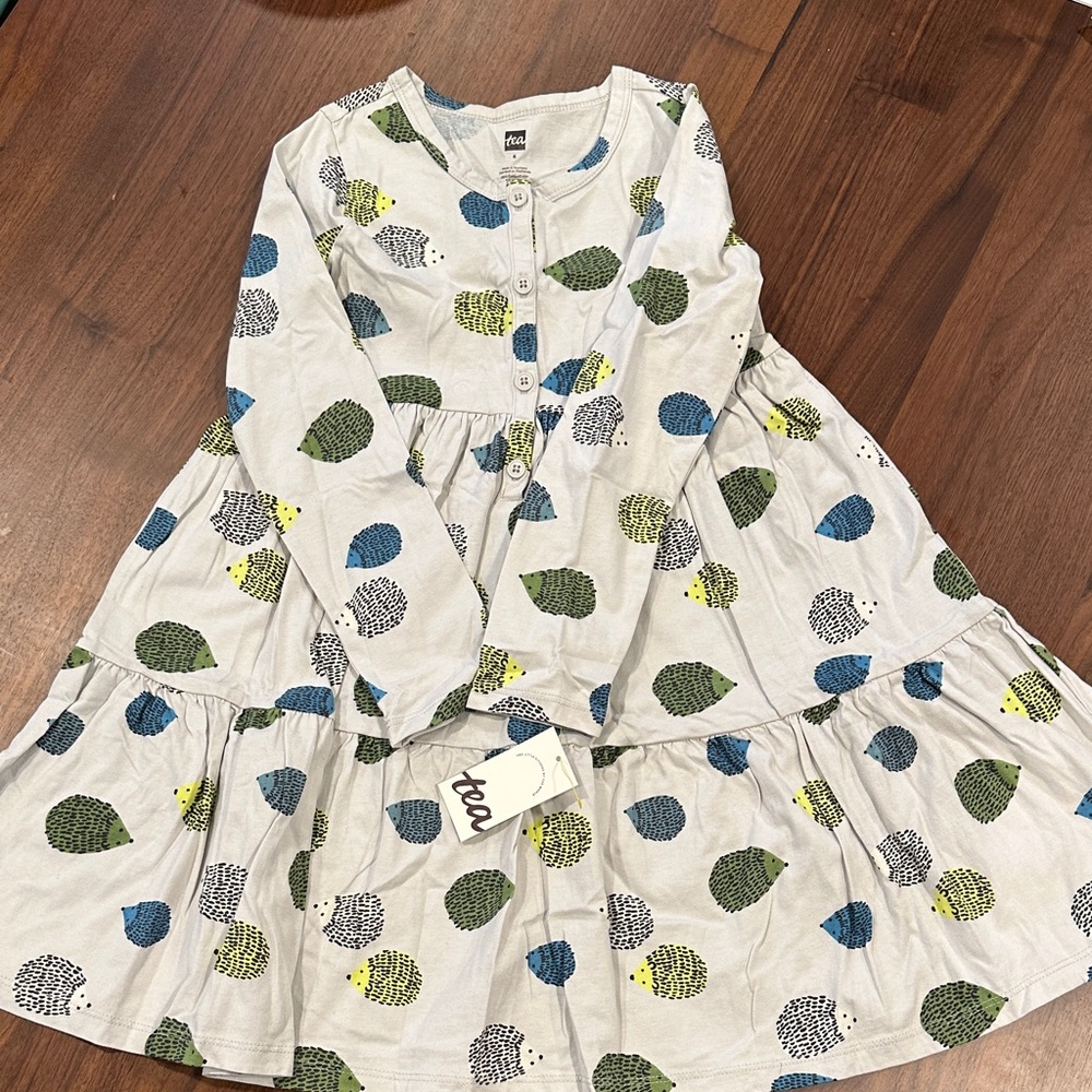 Tea Collection White Dress with Hedgehog Pattern
